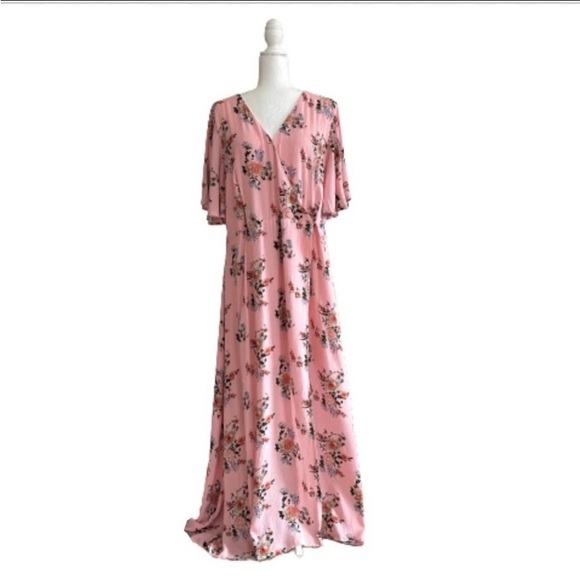 Azalosie Pink Peach Floral Shor Dress  SIZE M 
Sleeve Wrap High Low Maxi - Picture 3 of 10